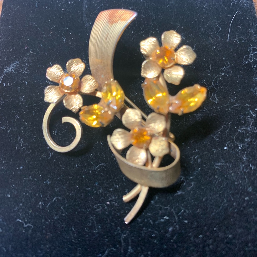 Gold-Tone Floral Brooch with Amber Yellow Crystals